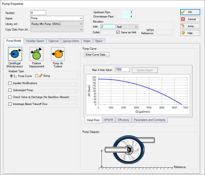 The Pump Properties window with the Rocky Mtn Pump 100XLC selected for the Library List.